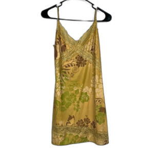 Princess Polly Gold Satin Floral Slip Dress with Green and Brown Accents